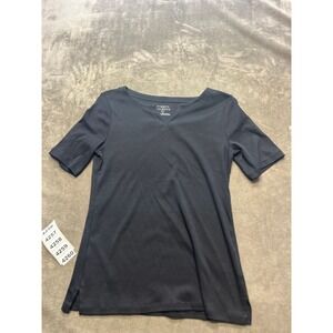 Talbots Petite Black Cotton V Neck Short Sleeve Tee Shirt Top Women's MP
